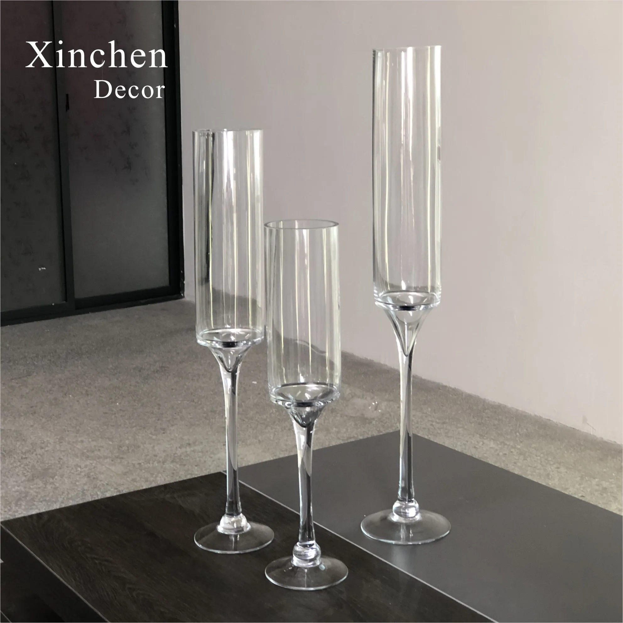 XC-007T Manufacturer wholesale wedding decoration 3 different height long stem glass cylinder candle holders