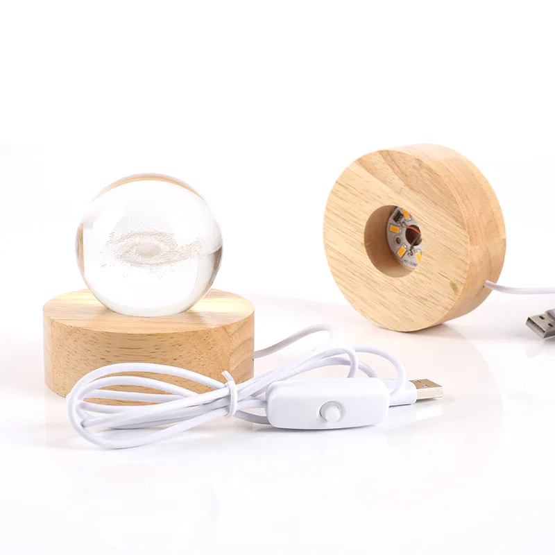 Creative bedside lamp with USB solid wood base luminous handmade glass round sphere dining table decoration