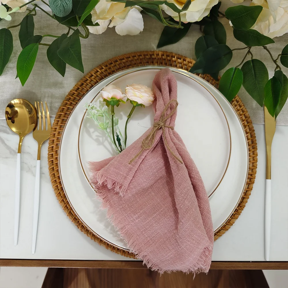 Beautiful handmade frayed edges table decor peach pink color recycled eco friendly cotton gauze napkins 43x43
