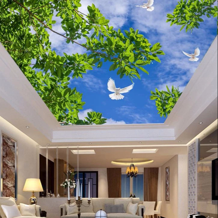 ZHIHAI beautiful birds green tree leaves blue sky UV print fire retardant  lightweight suspended 3d pvc stretch ceiling
