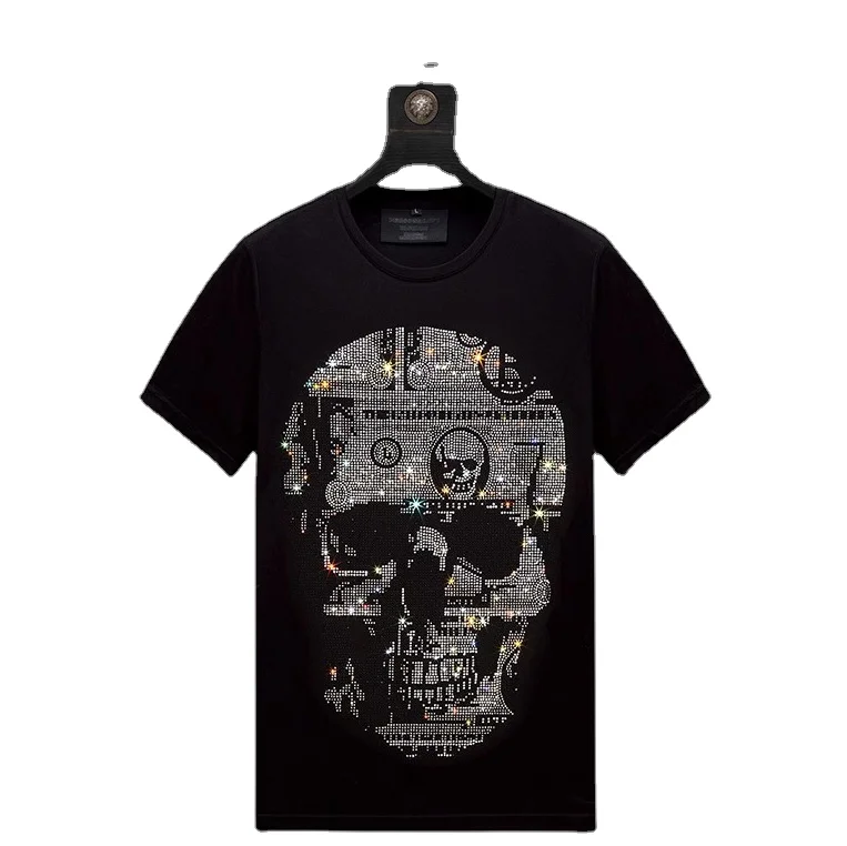 New Design Skull Rhinestones Custom Printing  Black T Shirt Men Fashion Tee Rhinestone Transfer Men Stylish Hip Pop T-shirts