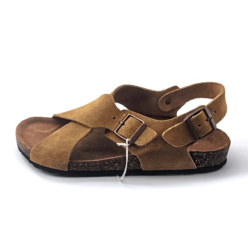 Drop Shipping Boken Cork Suede Slippers Cross Strap 2 Buckle Ankle Summer Unisex Mink Color Men Women Sandal With Rubber Outsole