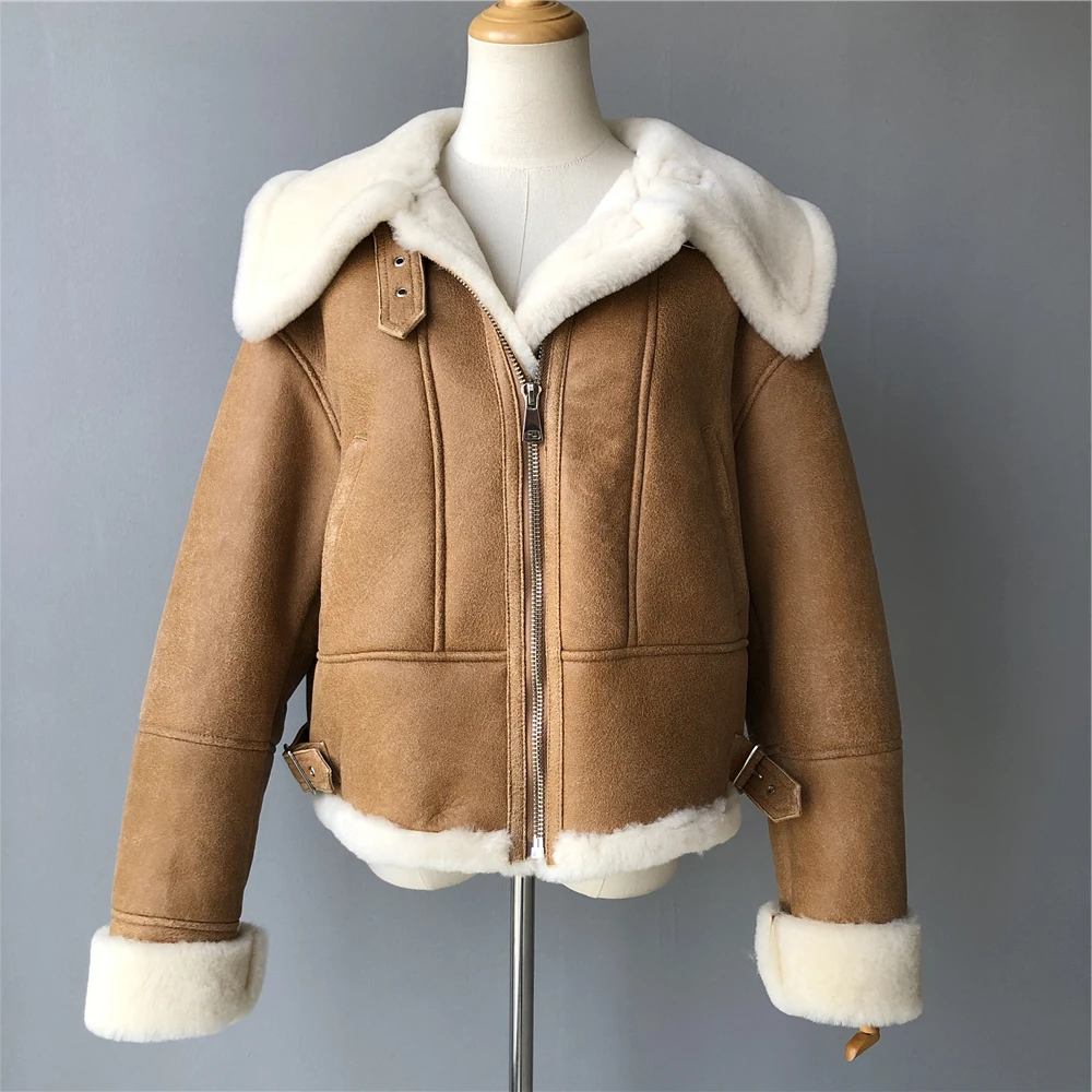 Manufacturer OEM Button Shearling Coat Particles Wool Lapel Collar Lamb Women Genuine Sheepskin Jacket