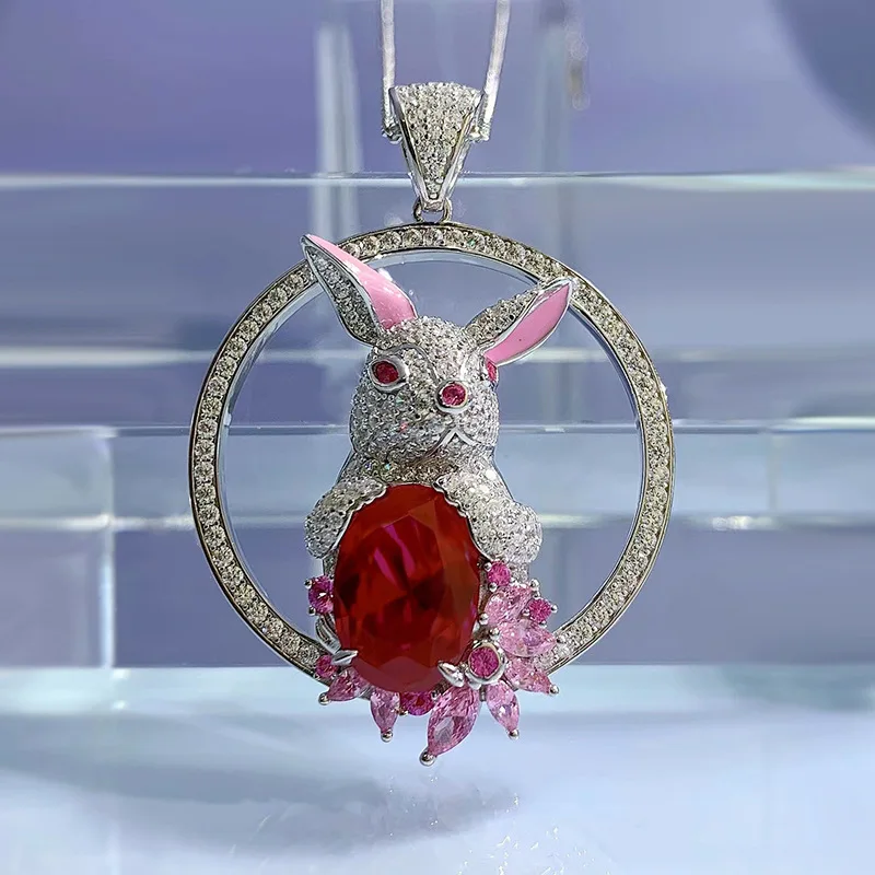 Seasonal New Original Rabbit Pendant, 10*14mm Simulated Pigeon Blood Ruby High Carbon Drill Full Diamond Necklace Female