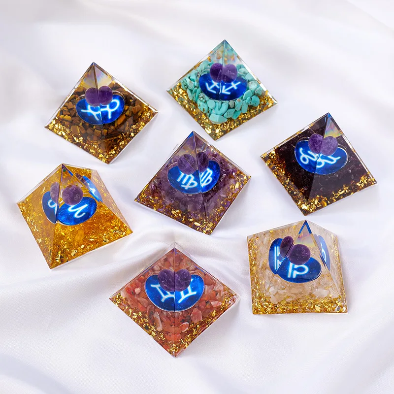 5cm Healing Energy Stone Resin Chipstone Organite Pyramids Zodiac Symbol Orgone  Pyramids