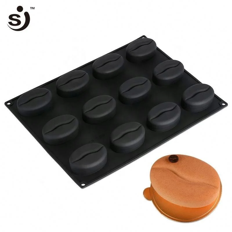 Hot Selling 12 Cavities Large Cute Coffee Bean Design Silicone Mini Cake Molds