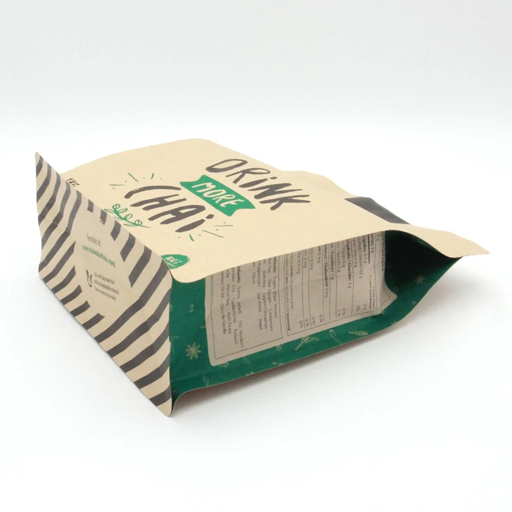 Custom Printed Compostable Recyclable Food Grade Brown Kraft Paper Aluminum Foil Flat Bottom Packing Pouch Bag For Coffee Tea