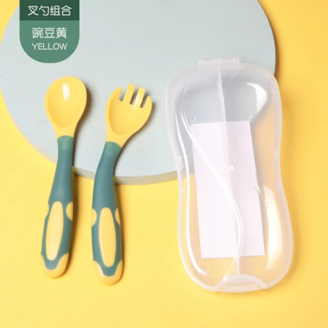 Easy Grip Heat-resistant Bendable Soft Perfect Self Feeding Learning Training Baby Utensils Fork Spoons with Travel Safe Case