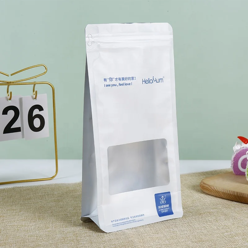 Custom printing flat bottom ziplock plastic bag for oat snack food packaging bag zipper side gusset bag with window