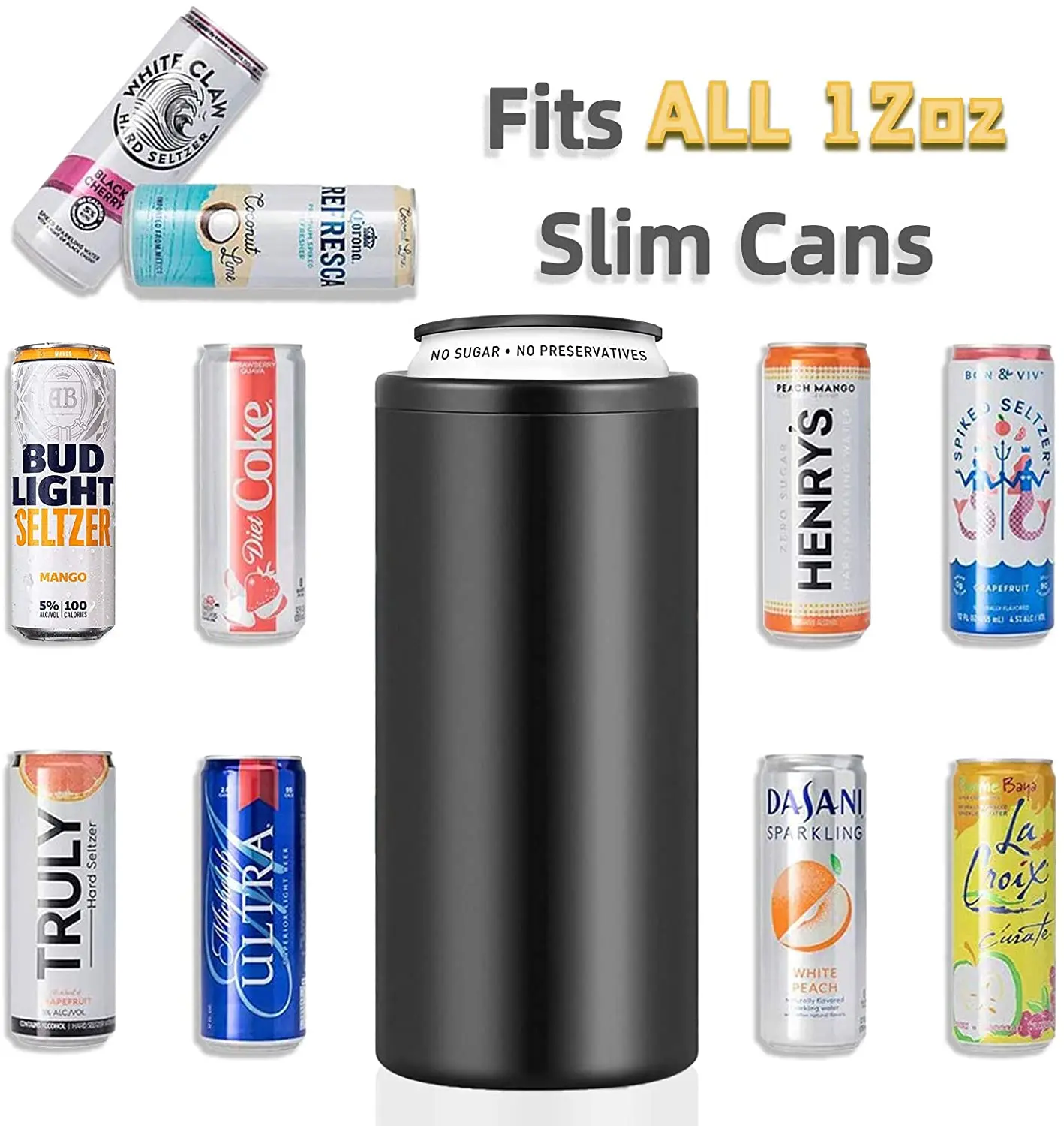 Hot in Amazon 12 oz Double Wall 304 Stainless Steel Insulated Vacuum Skinny Slim Beer Can Soda Cooler Holder with lid