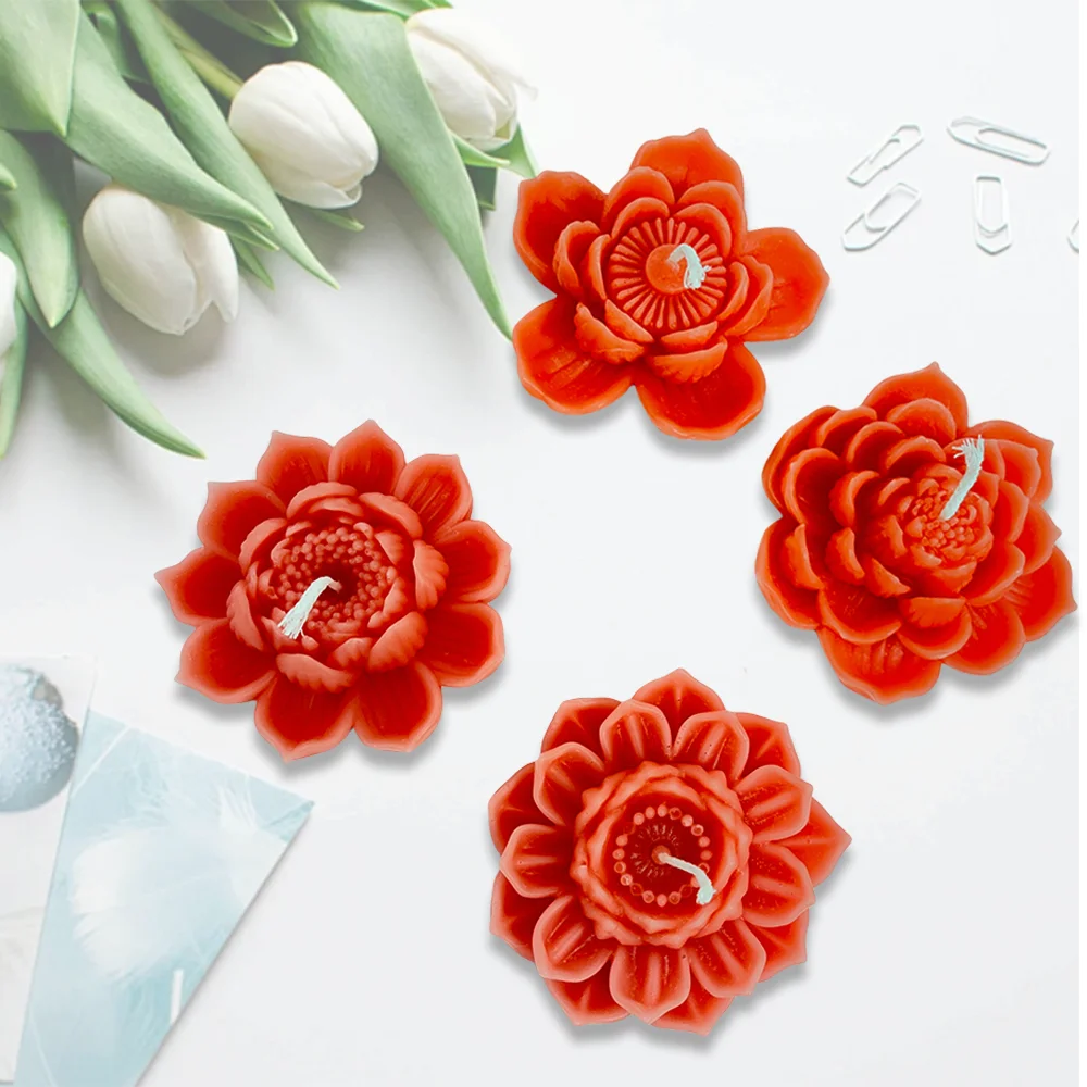 MHC Flower Candle Mold Small Lotus Large Set Tray Tiny Molds for Making Silicone with Wicks Wax Flowers 3d Flower Candle Mold