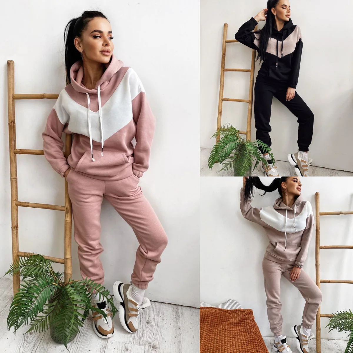 Women Fall Casual Plain Loose 2 Pieces Jogger Sweatshirt sweatpants and hoodie women sweatsuit set tracksuit