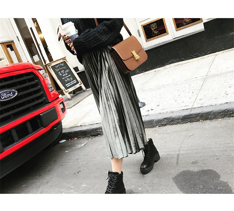 Vintage Women Long Metallic Silver Maxi Pleated Skirt Midi Skirt High Waist  Casual Party Skirt