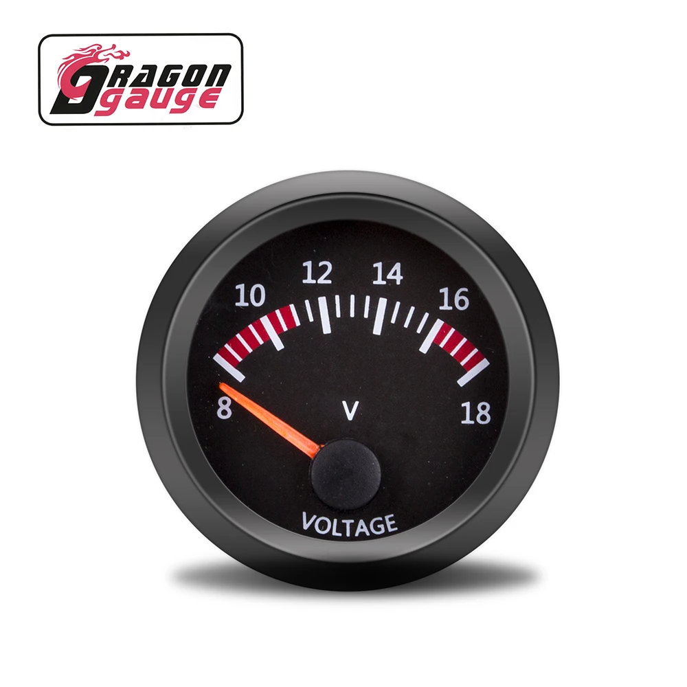 DRAGON GAUGE PointerBlack Face White Font Universal 8~18 Voltage Volt Meter Gauge 2 inch 52mm for Cars 12v (5057)