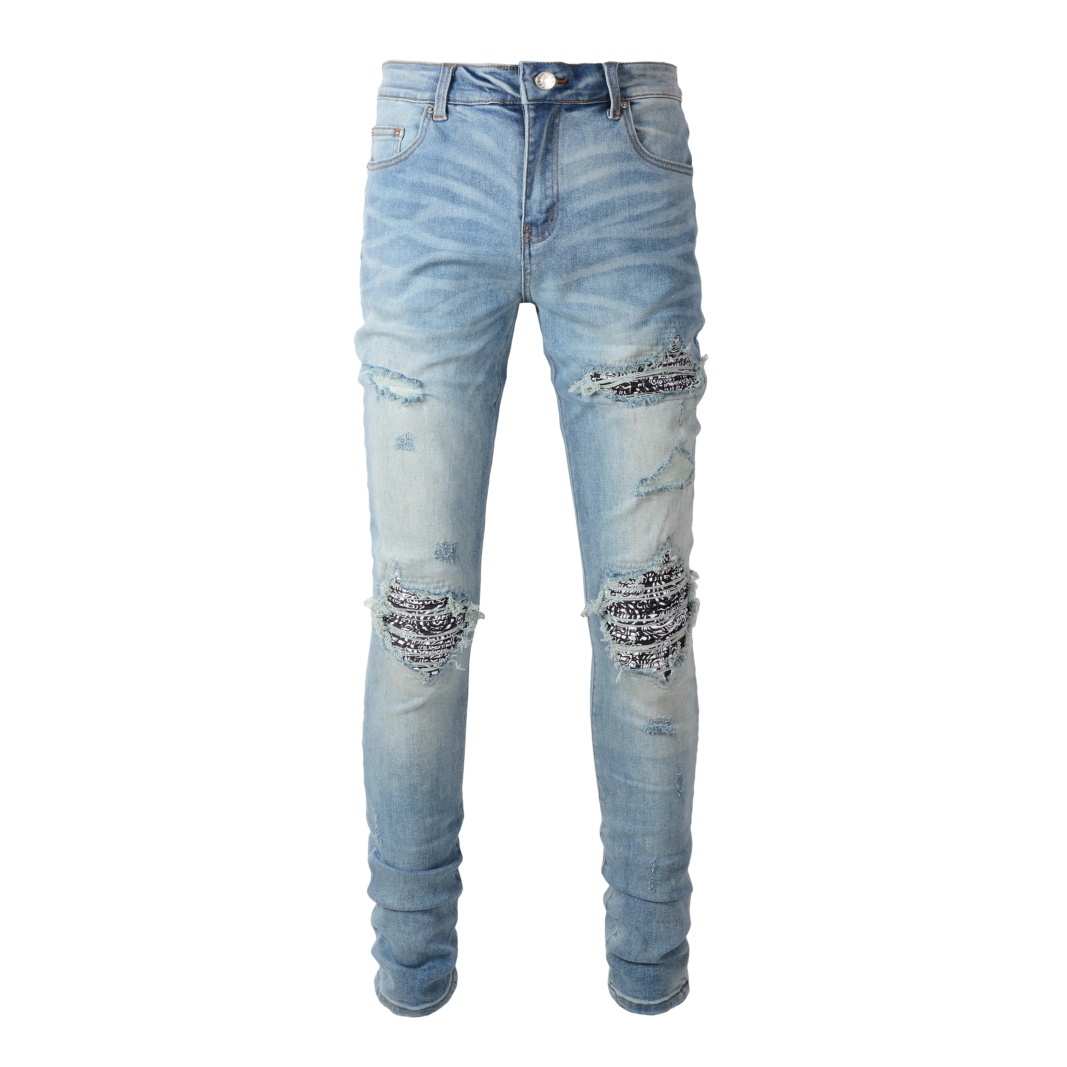 6665 Denim Jacket Men Demin Jeans Slim Skinny Jeans Ripped Slim Fit Stretch Denim Print Pattern High Street Pencil Pants WASHED