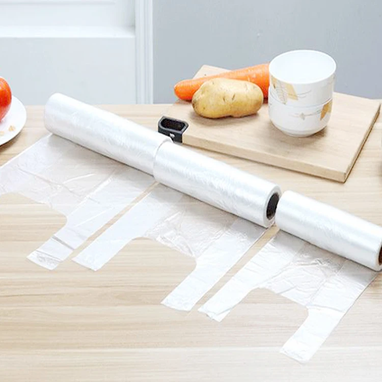 Custom supermarket vegetable and fruit t-shirt shopping plastic packaging grocery carrier t shirt packaging bag on roll