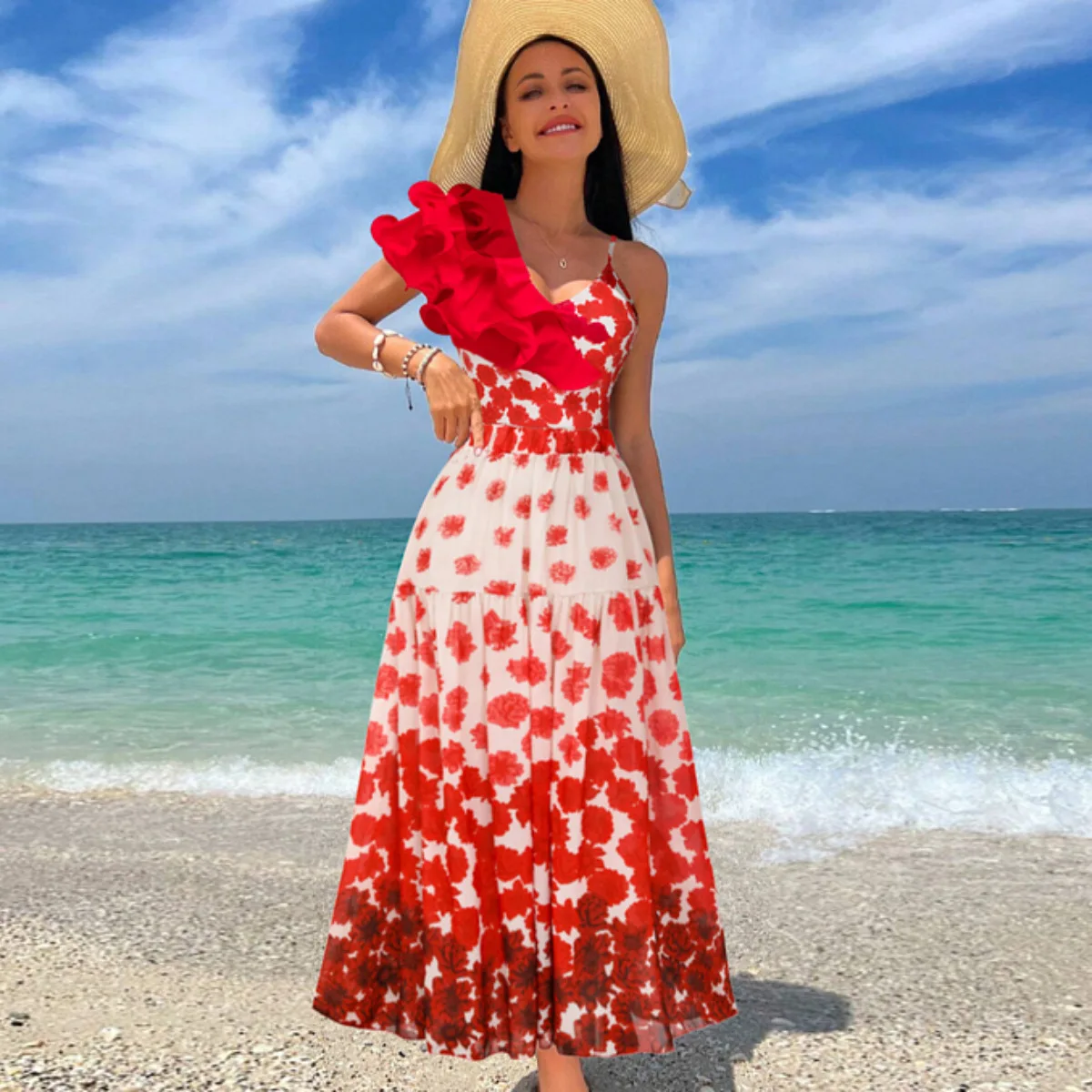 Baishiwei 2024 New Bikinis One Shoulder One Pieces +Bohemian Dress for Women Summer Floral Beach Cover Up V-Neck Swimsuit Beach