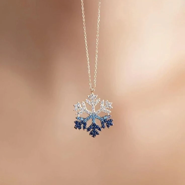 High Quality Blue Snowflake Necklace Ice Snow Pink Full Diamond Pendant S925 Silver Magic Crystals CZ Christmas Jewelry