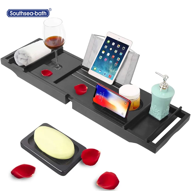 factory wholesale bamboo bathtub bridge shower tray with removable waterproof cover book wine glass soap candle holders