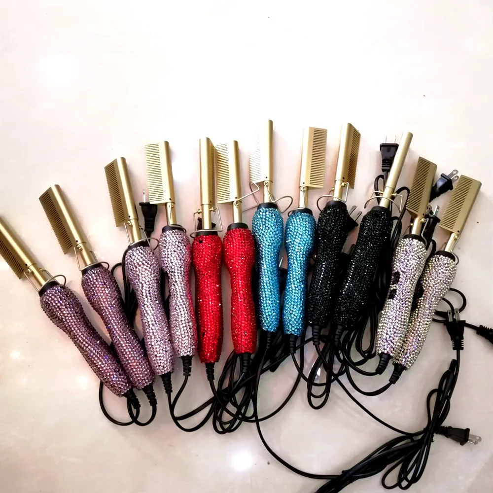 Diamond Inlaid Copper Electric Hair Straightener Combs Wet And Dry Heat Pressing Comb Bling Rhinestone Handheld Hot Comb
