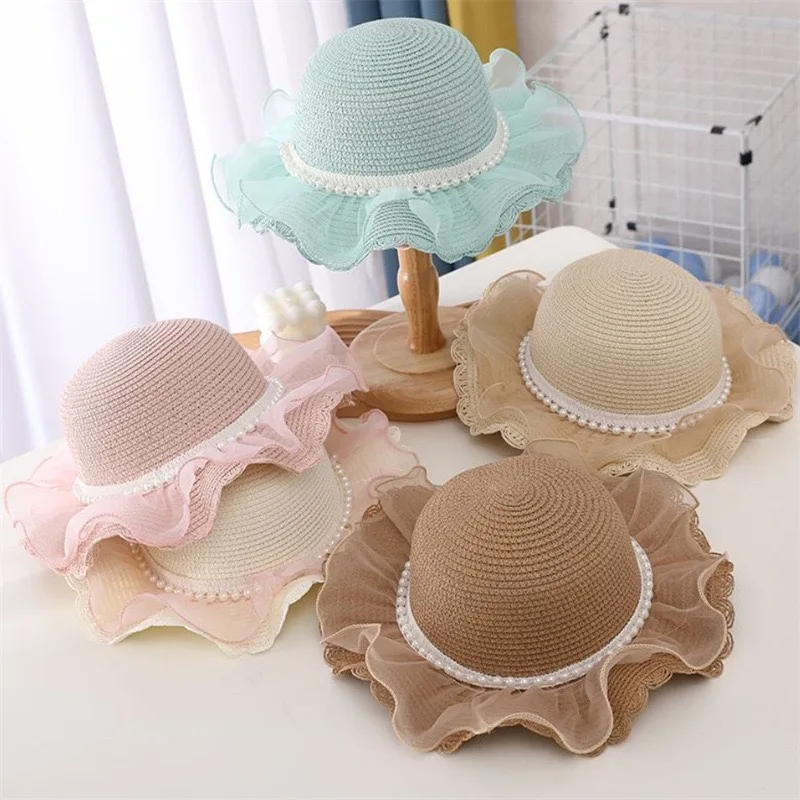 wide brim Summer children Beach Sun Hat baby Girl lace and pearl Bucket Straw Hat and bag set beautiful outdoor travel hat kids