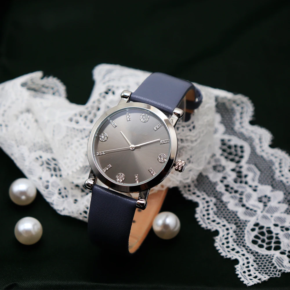 Factory customized Silver gray leather band alloy case waterproof quartz movement cheap lady watches