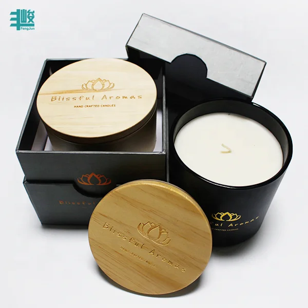 FENGJUN custom private labels scented candles jar with engraved wood lid for gold black luxury candle holder glass