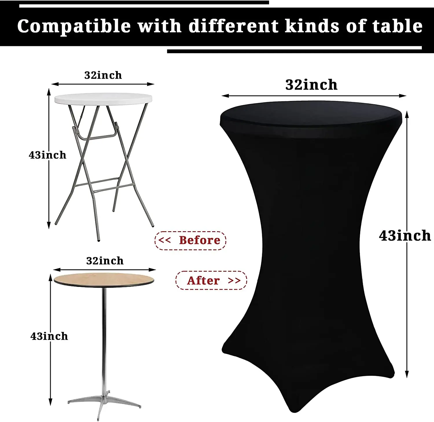 32x43 Inch High Top Round Cocktail Stretch Spandex Table Cover Black White Fitted Elastic Table Cloth