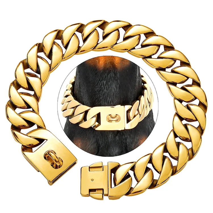 Pet Training Dog Chain luxury stainless steel metal pet collar cuban link gold dog chain with Buckle