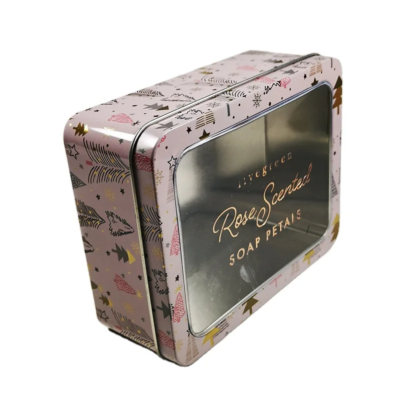 vintage custom box with window rectangular metal box with transparent window empty tin case for gift or soap/cookie