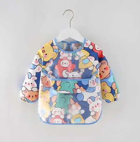 Long Sleeve Pocket Baby Apron Waterproof and Anti-dirty Pocket Smock Infant  Apron Coverall Feeding Bibs