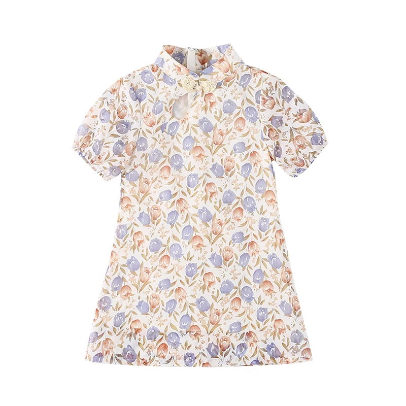 Girls Clothing Vintage Fashion Floral Cheongsam Short Sleeve Girls Dresses Clothing Wholesale Supplier in China Printing Support