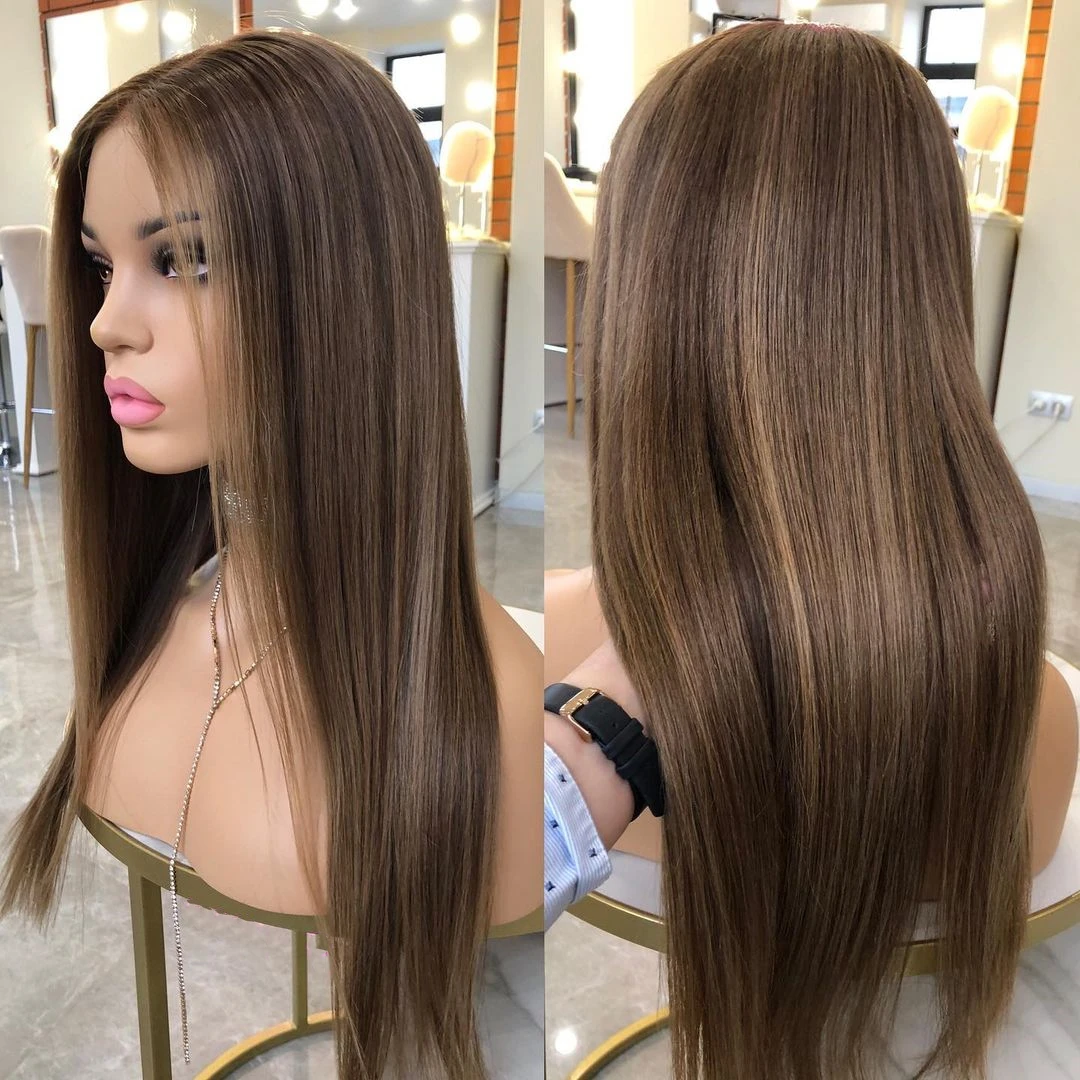 Роскошные европейские человеческие волосы Kingdom, шелковые прямые, балаяж, коричневые, 4*4, шелковые, на шнуровке, еврейские парики с предварительно выщипанными детскими волосами