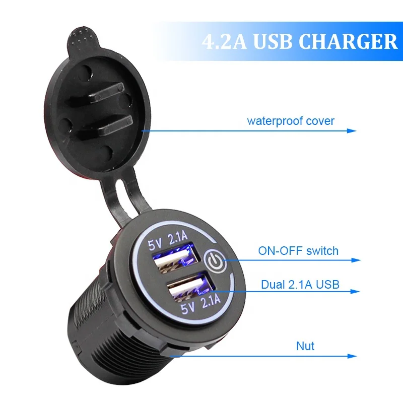 Waterproof 12V 4.2A Dual Port Socket Mobile Phone USB Car Charger