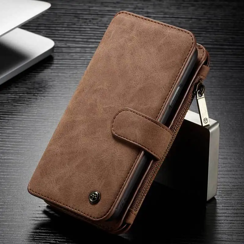 Multi-function zipper business leather case mobile phone Detachable case split flip card wallet for iphone Samsung