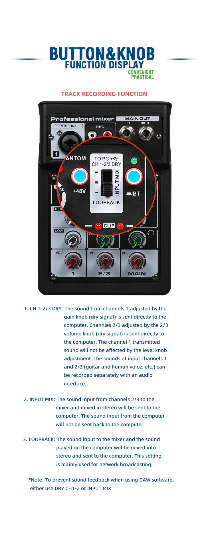 3 channels multifunction usb interface audio studio sound card