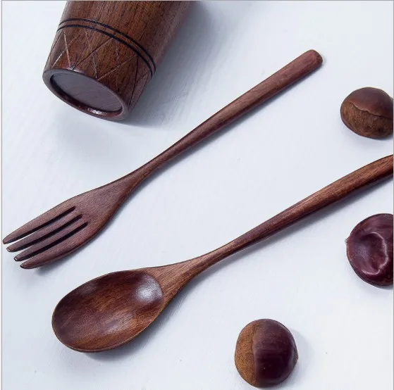 Factory direct sales  Long Handle Wood Spoon Fork Salad Fruit Dessert Fork Creative Tea spoon Coffee Spoon