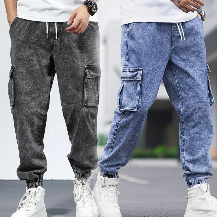 Custom Men Cotton Drawstring Waist Flap Pocket Wide Leg Acid Wash Cargo Jogger Jeans Pants Men