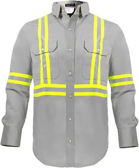 100% Cotton NFPA 2112 Custom Logo CAT 2 Flame Resistant High Visibility Long Sleeve Hi Vis FR Shirt