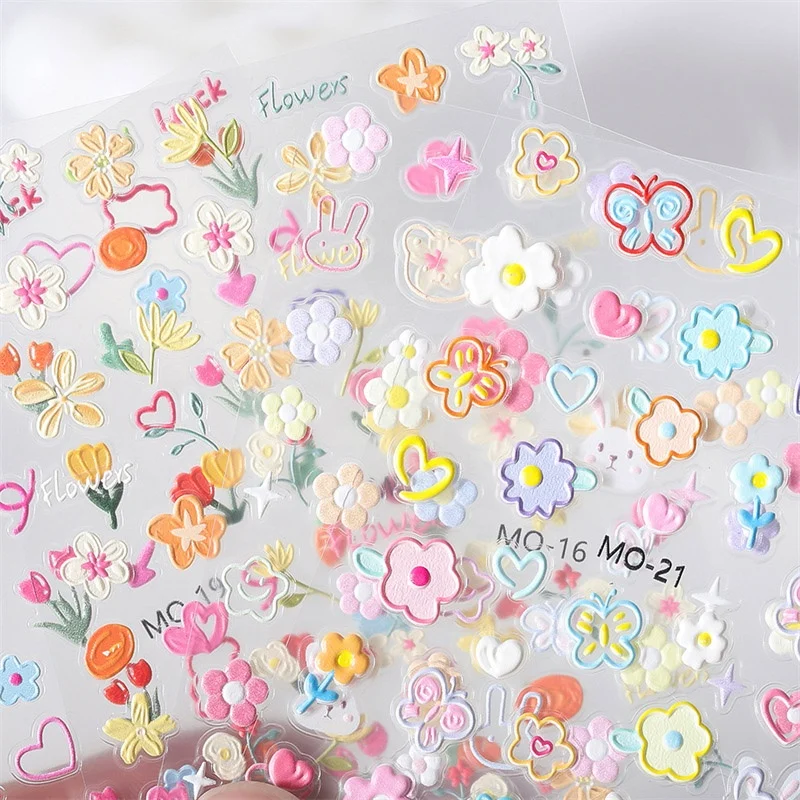 Hot sale 5D embossed cute flower nail art stickers adhesive diy rabbit nail decals decoration manicure