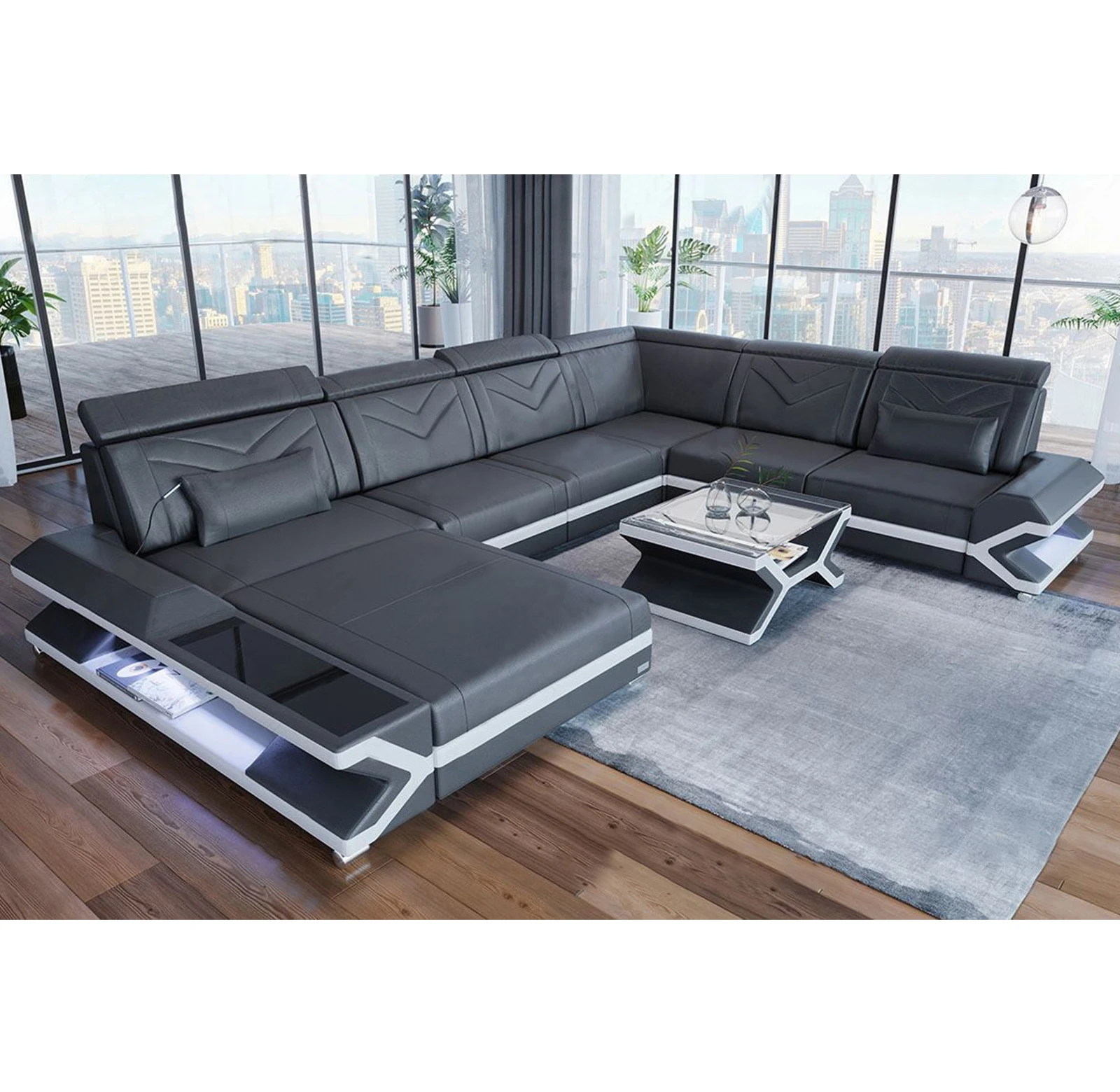 Simple Modern Living Room Business Led Creative Combination Furniture Leather Sofa