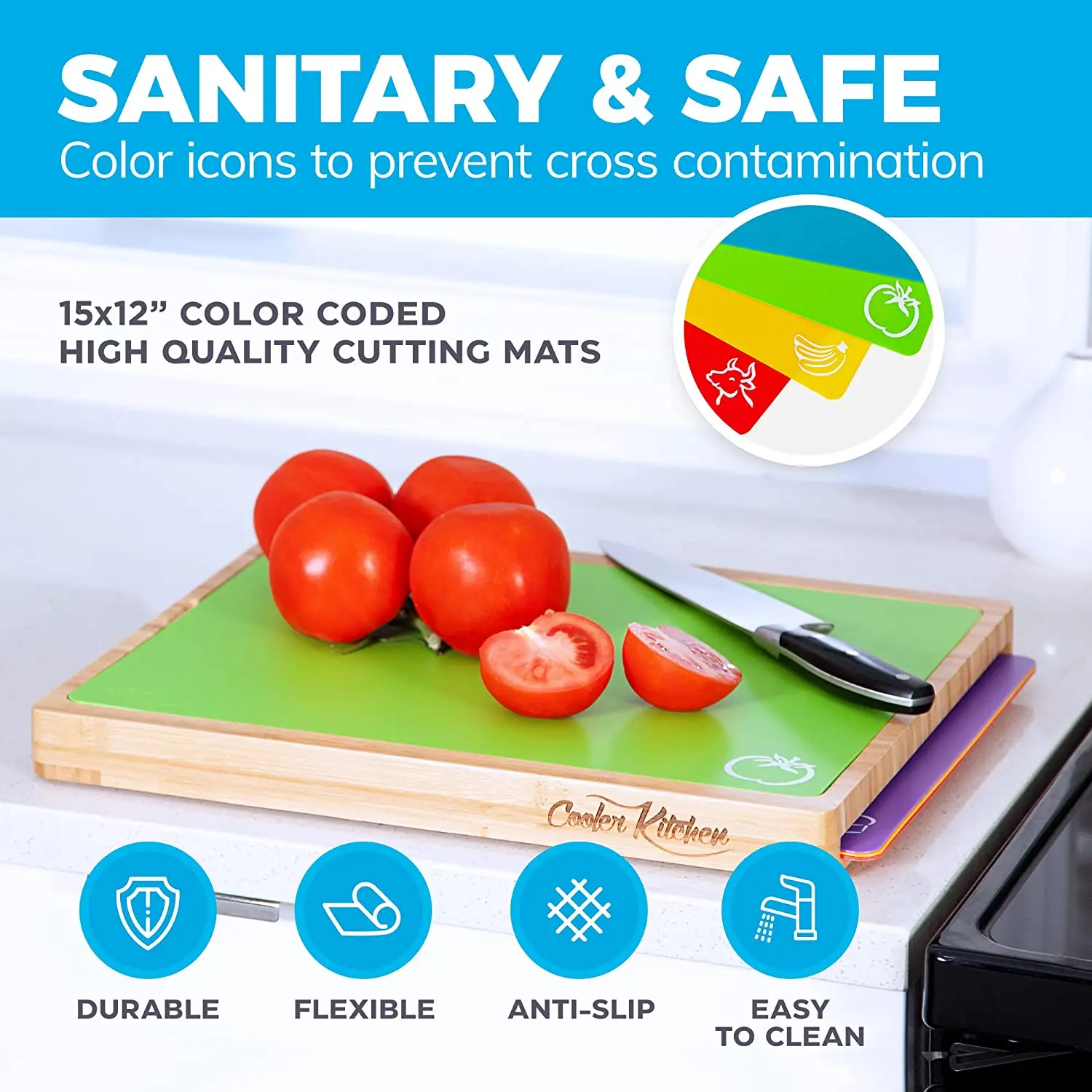 Easy-to-clean Bamboo Wood Wood Cutting Board Set With 6 Color-coded Flexible Cutting Mats