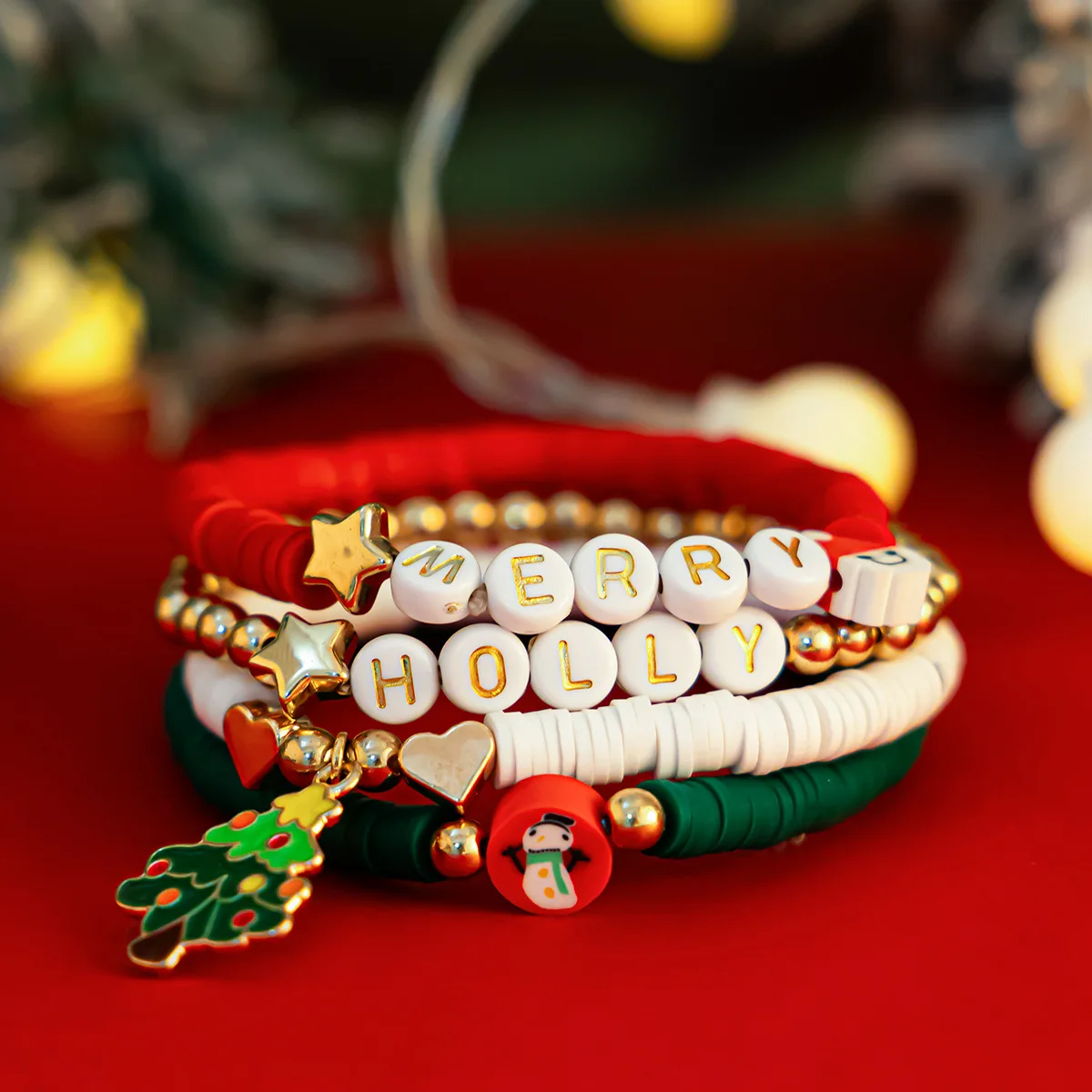 Cute Polymer Clay Beaded Christmas Decoration Charms Bracelet Set For Party NE1483