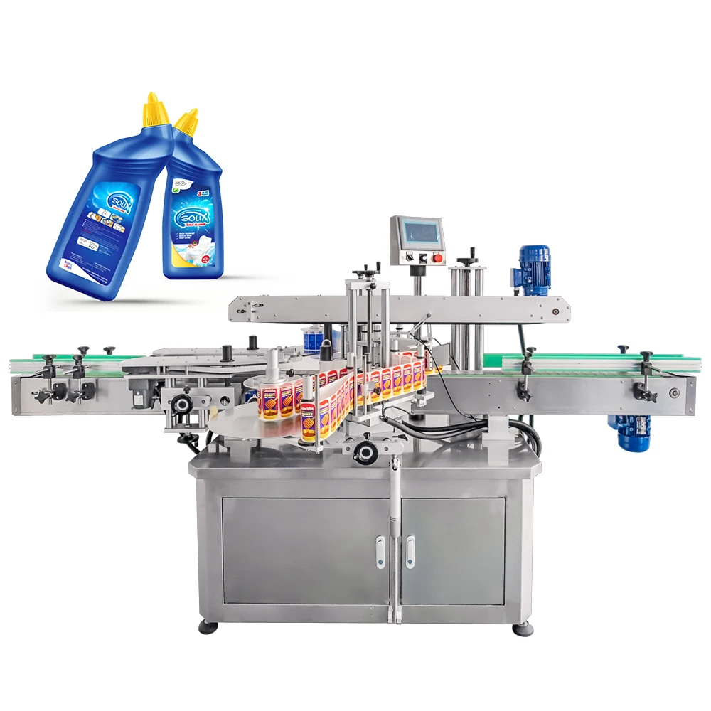 Factory adhesive label square flat PET glass bottle front back labeling applicator machine