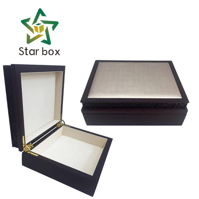 Top luxury laser cut ramadan wooden gift packaging box perfume gift box with PU leather on top cover