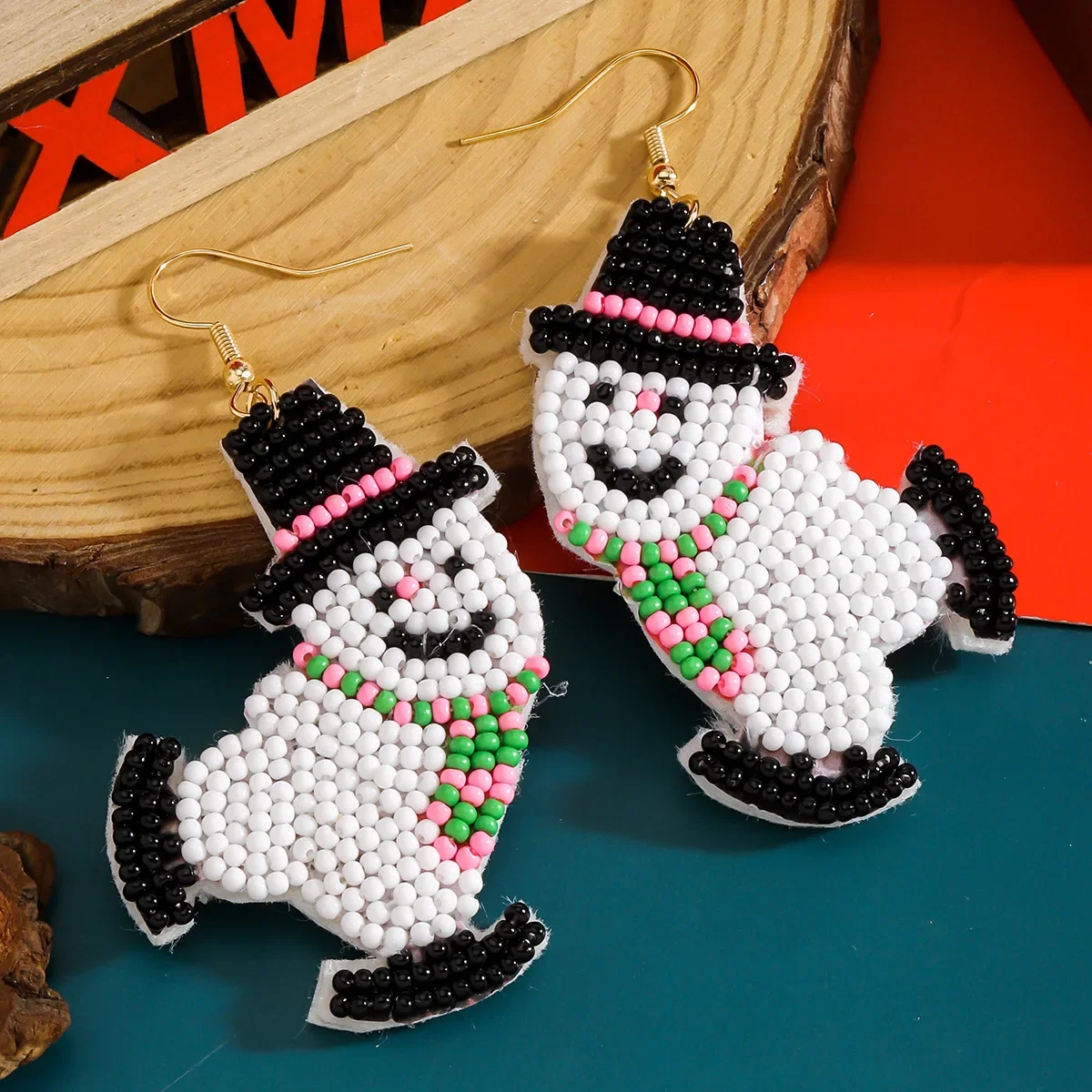 Pink Christmas Tree Funny Snowman Beaded Drop Women Trendy Stainless Steel Festival Party Jewelry Pearl Christmas Series Gift