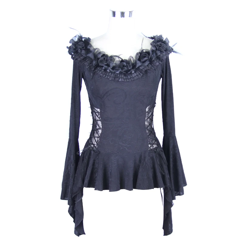 ETT002 Eva lady adjusted ribbons floral pattern flat shoulder flared sleeves sexy women lace up gothic t-shirts with flowers