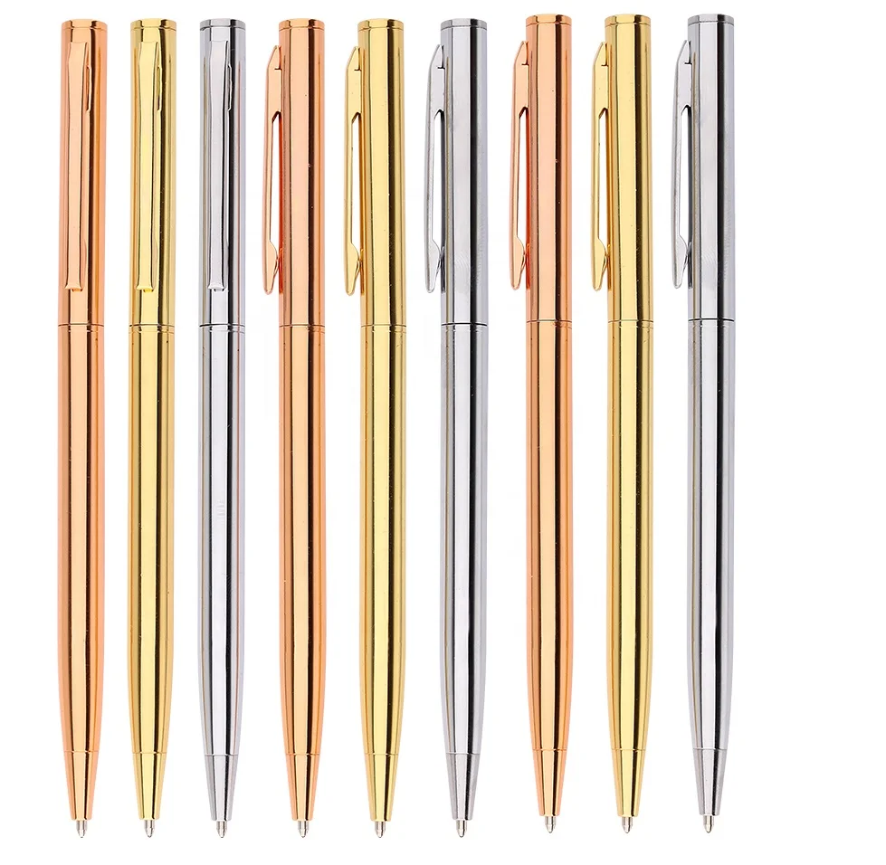 Канцелярские товары, канцелярские товары, металлическая шариковая ручка с черным логотипом, блестящая тонкая розовое золото, логотип на заказ, офисная металлическая шариковая ручка