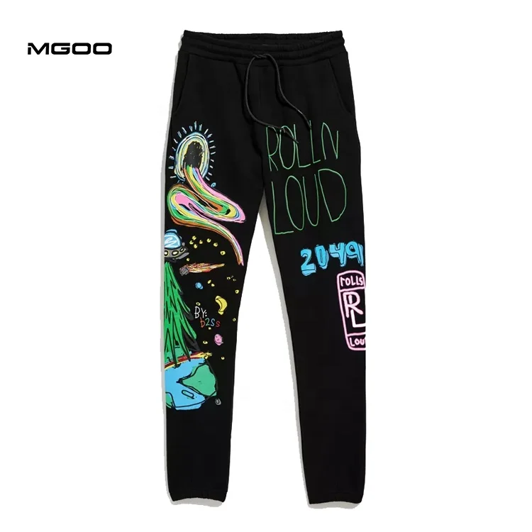 MGOO Black screen printing logo jogger Custom design unisex sweatpants