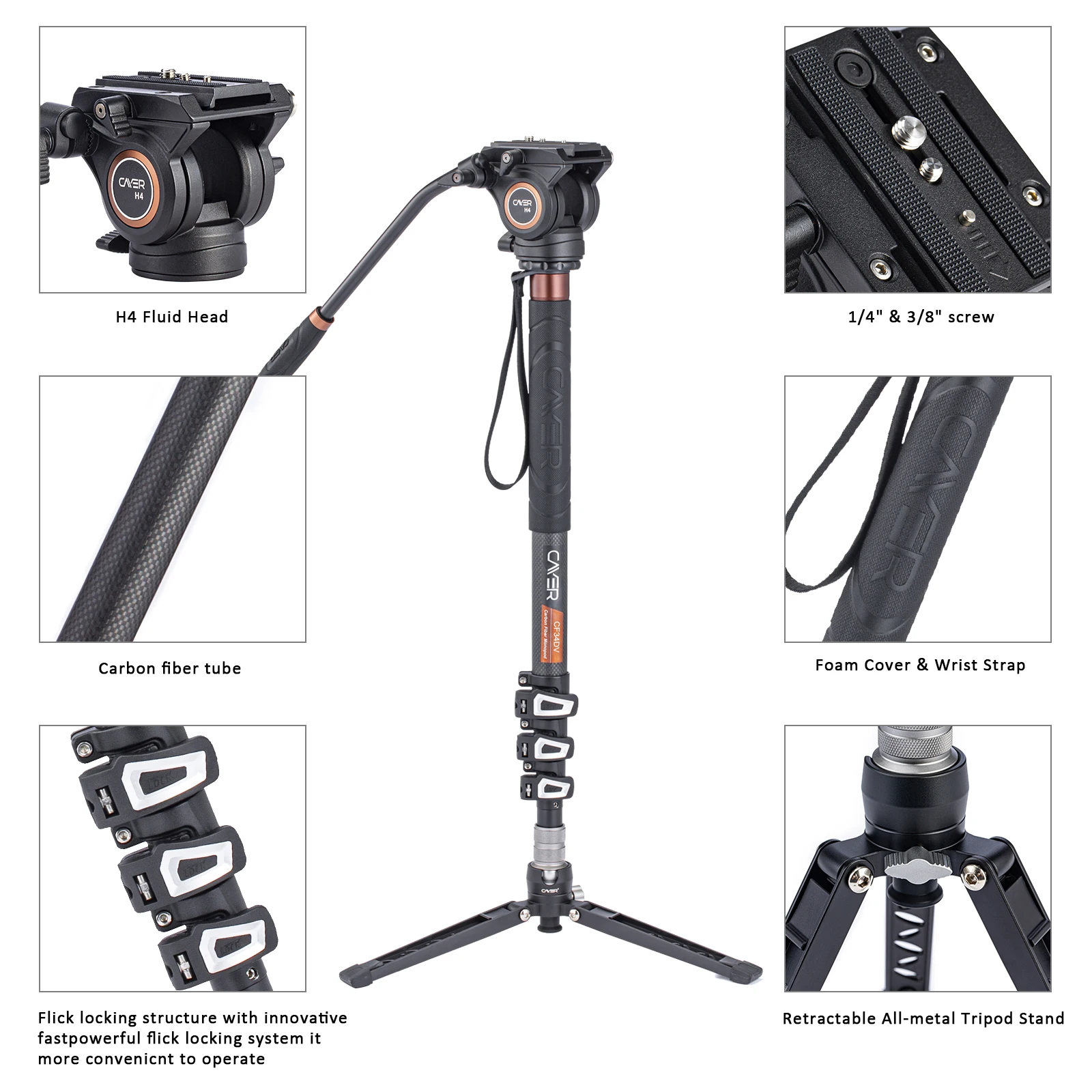 Cayer CF34DVH4 Multiple Function Carbon Fiber Video Camera Monopod Stand Kit with Fluid Head for SLR DSLR Digital Camera